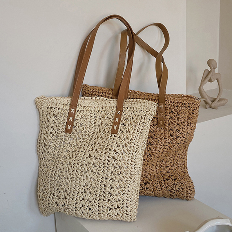 Women'S Raffia Bags - مربع جوفاء القش حقيبة شاطئية اليدوية